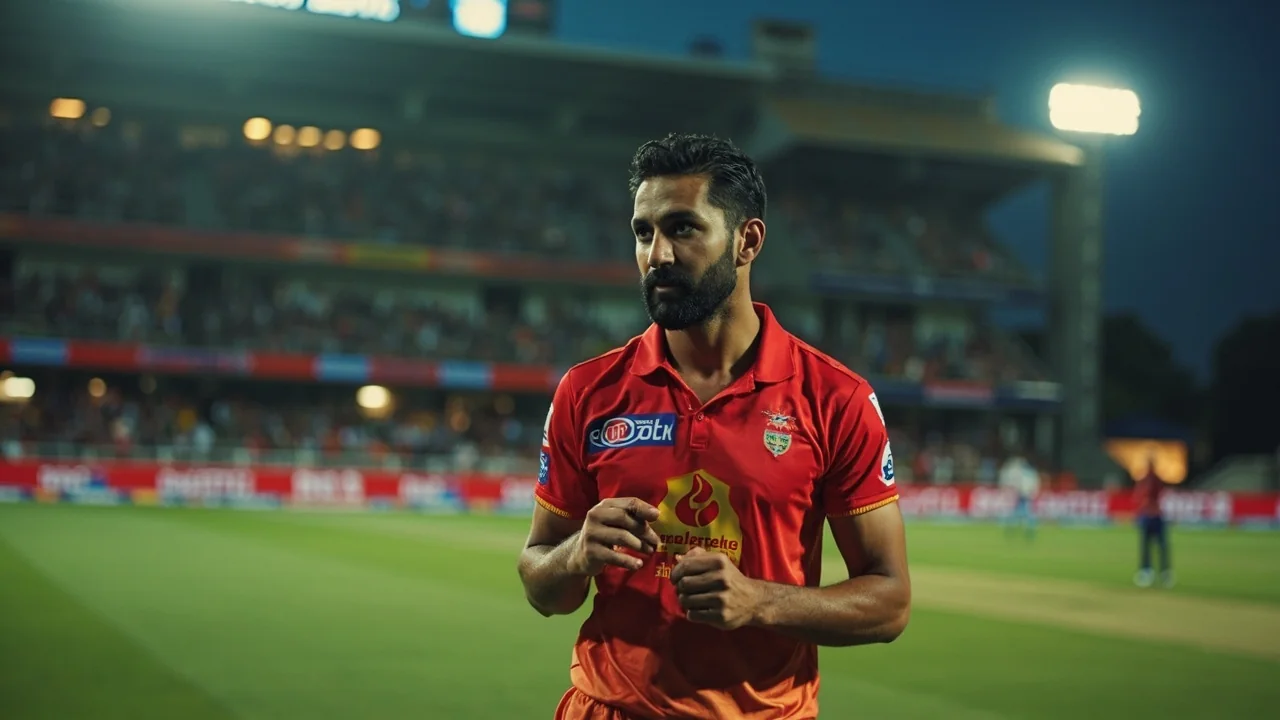 Wide evening view of an IPL venue with floodlights on and a packed lower tier, capturing the atmosphere around a Bhuvneshwar Kumar appearance.